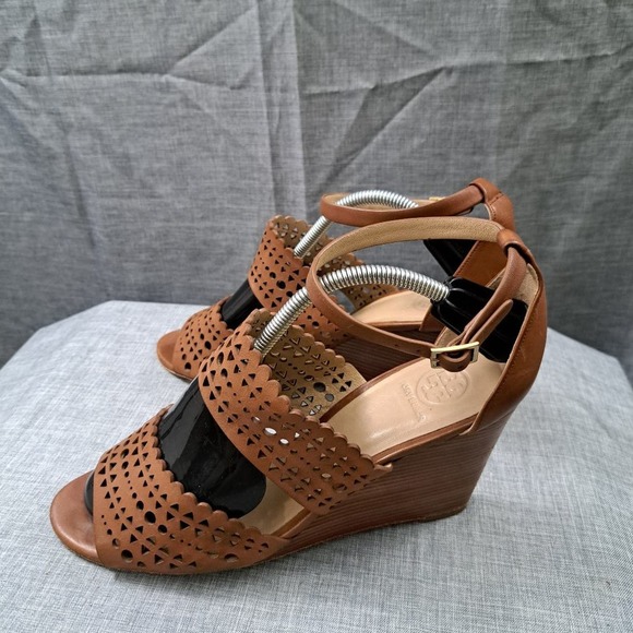 TORY BURCH Brown Leather Wedges Sandals Size 9.5M Women - Picture 1 of 14